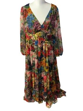 Toleen Women’s 3XL Floral V-Neck Long Sleeve Flowy Tiered Maxi Dress Multicolor